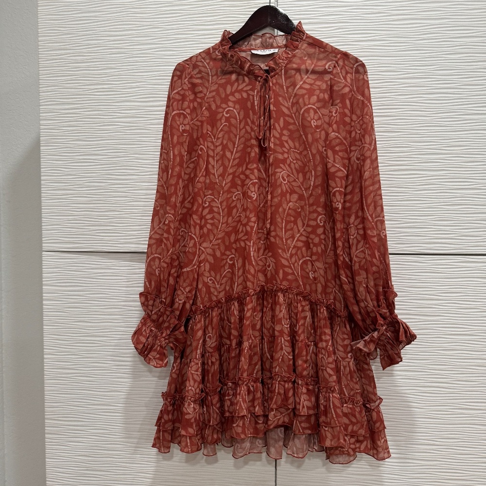 Tie-Neck Long Sleeve Ruffle Hem Dress in Rust Floral